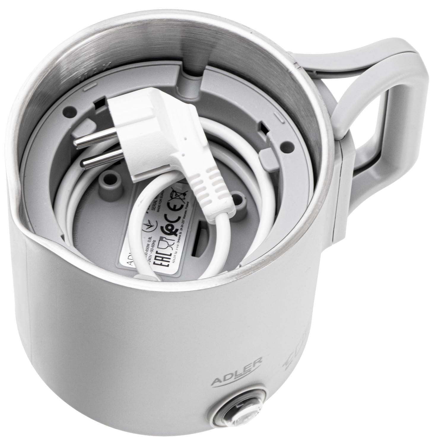 Adler Kompakter Reisewasserkocher 0,8 l 650 W | Klappbarer Griff Doppelte Edelstahlgehäuse 360° drehbarer Sockel Automatische Abschaltung Grau Typ E/F