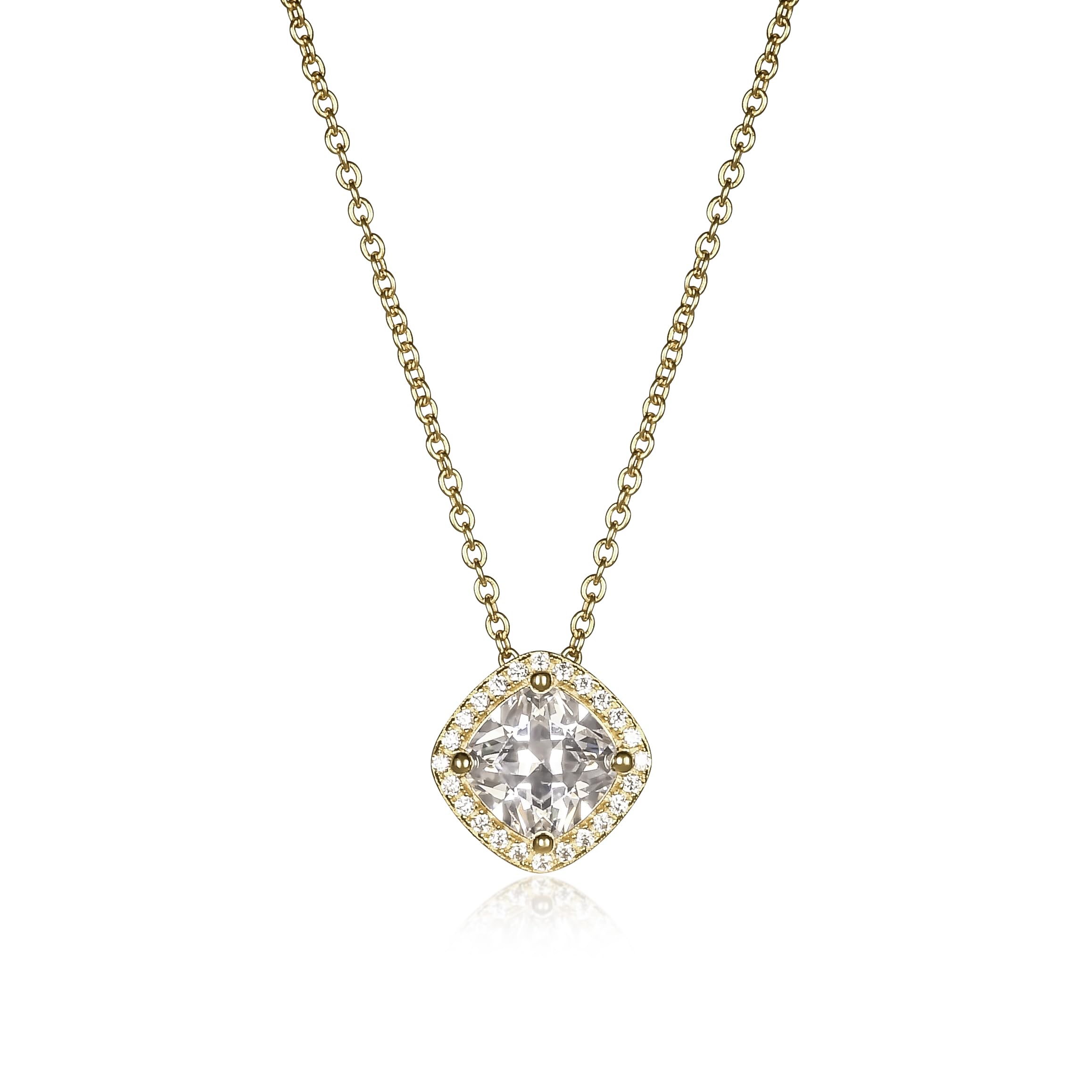 Diamond Treats Collana Donna Argento 925 con Ciondolo Halo Taglio Cuscino e Zirconia Cubica, Placcata Rodio o Oro, Collana Elegante con Pietra Colorata