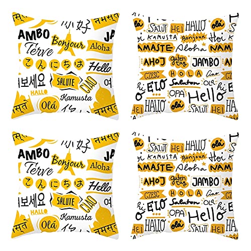 Lieson Coussin 45x45 Lot de 4, Coussin Canape Salon Blanc Jaune Noir Coussin Deco Salon Différentes Langues Hello, Polyester