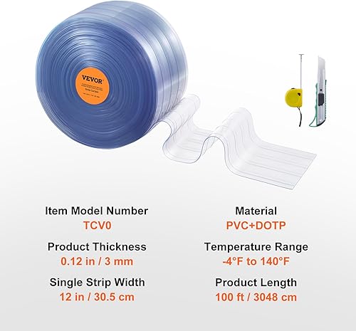 Miniatura 14 de VEVOR Cortina de tiras, 150 pies de largo x 8 pulgadas de ancho x 0.08 pulgadas de grosor, rollo de cortina de PVC acanalado transparente