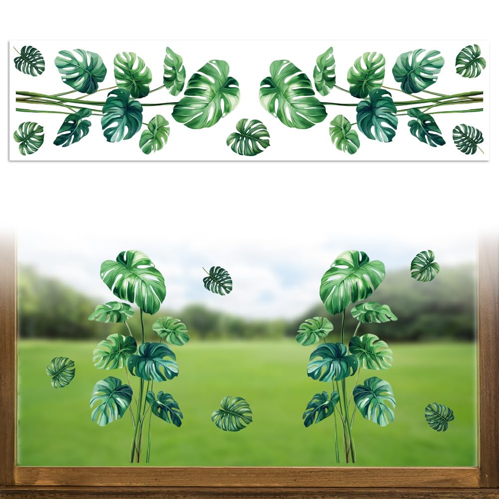 Peacoblue Monstera Plant and Leaf Window Decals, Large Static Cling Sticker