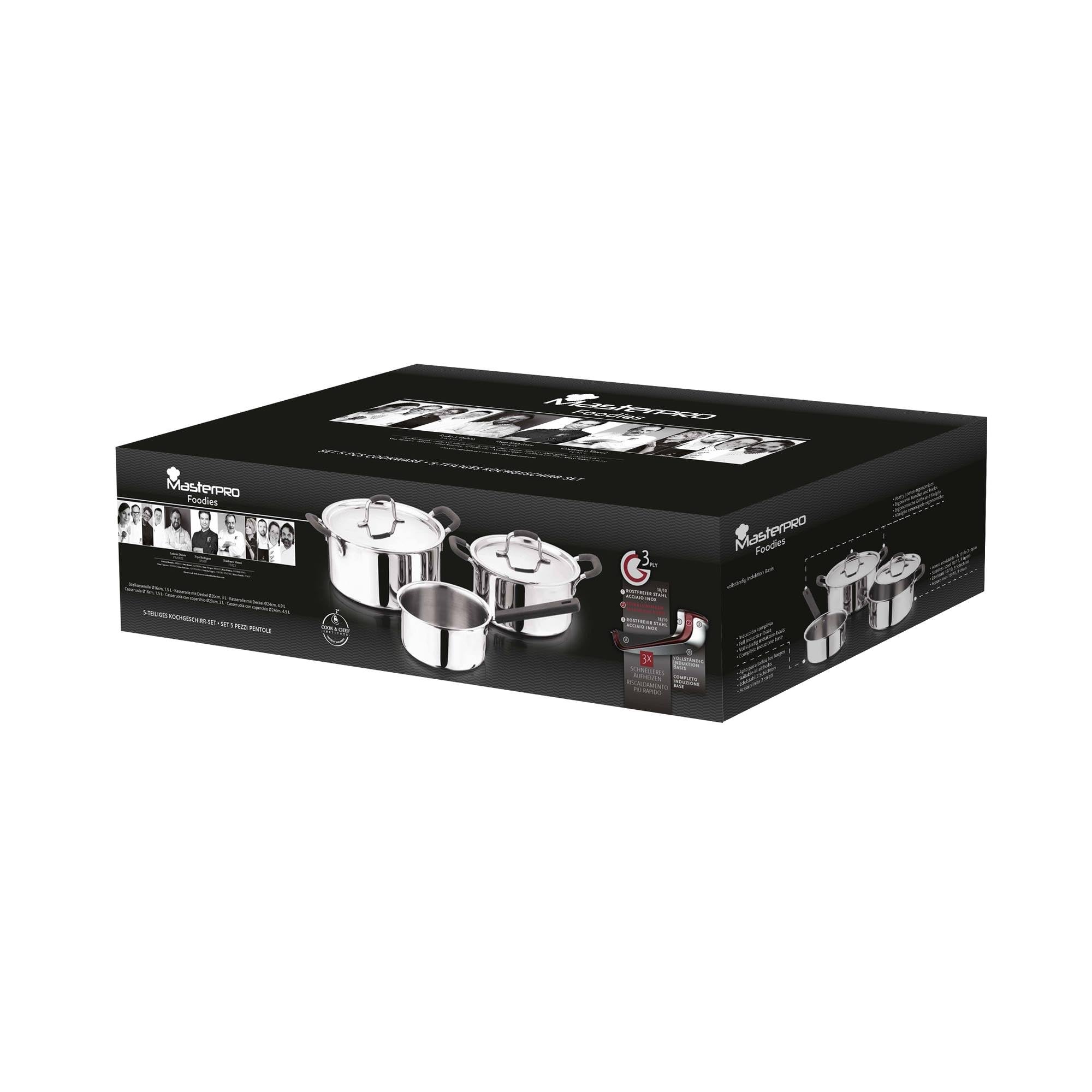 Patelnie i garnek ze stali nierdzewnej MasterPRO 20-24cm + silikonowe uchwyty