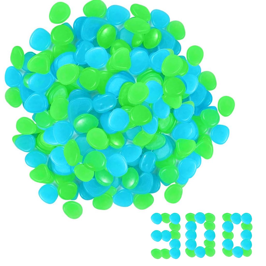 300 Pezzi Luminose che Brillano al Buio, Fluorescenti in Resina, da Giardino, Decorativi per Vasi, Sassolini Decorativi, per Acquario, Ciottoli Luminosi per Prati e Terrazza (Blu, Verde)