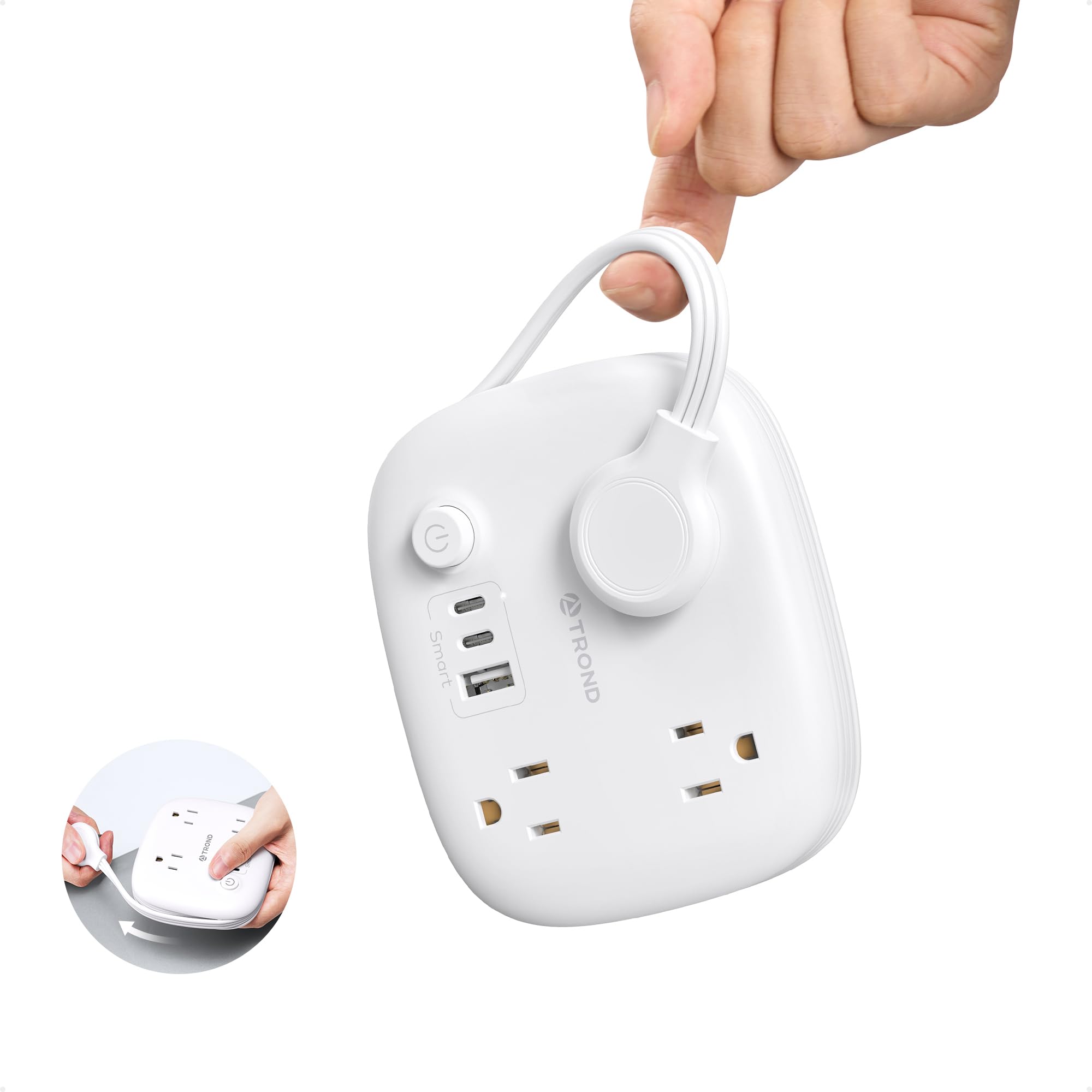 TROND Short Extension Cord - Flat Plug Power Strip with 3 AC Outlets and 2 USB C and 1 USB A Ports, 2.6FT Wrapped Around Travel Power Strip, No Surge Protector for Hotel Home Cruise Ship Essentials