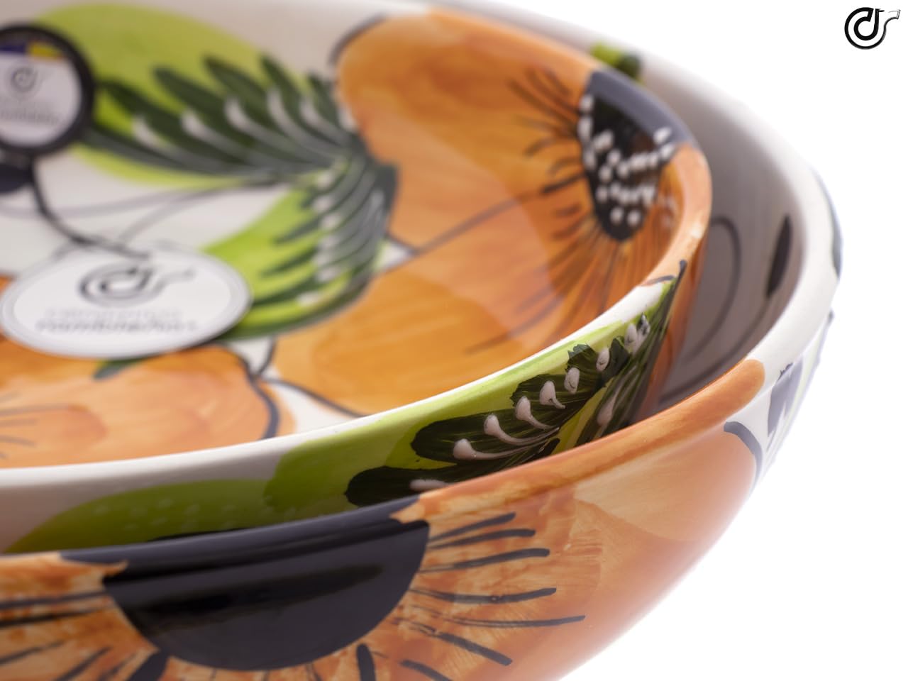 CERAMIKA RAMBLEŃSKA | Ceramiczna miska do sałatek | Oryginalne salaterki | Zestaw x 2 dekoracji misek do sałatek pomarańczowych - model 27 | Dekoracja w 100% ręcznie robiona | 24x24x5,5 cm + 27x27x7
