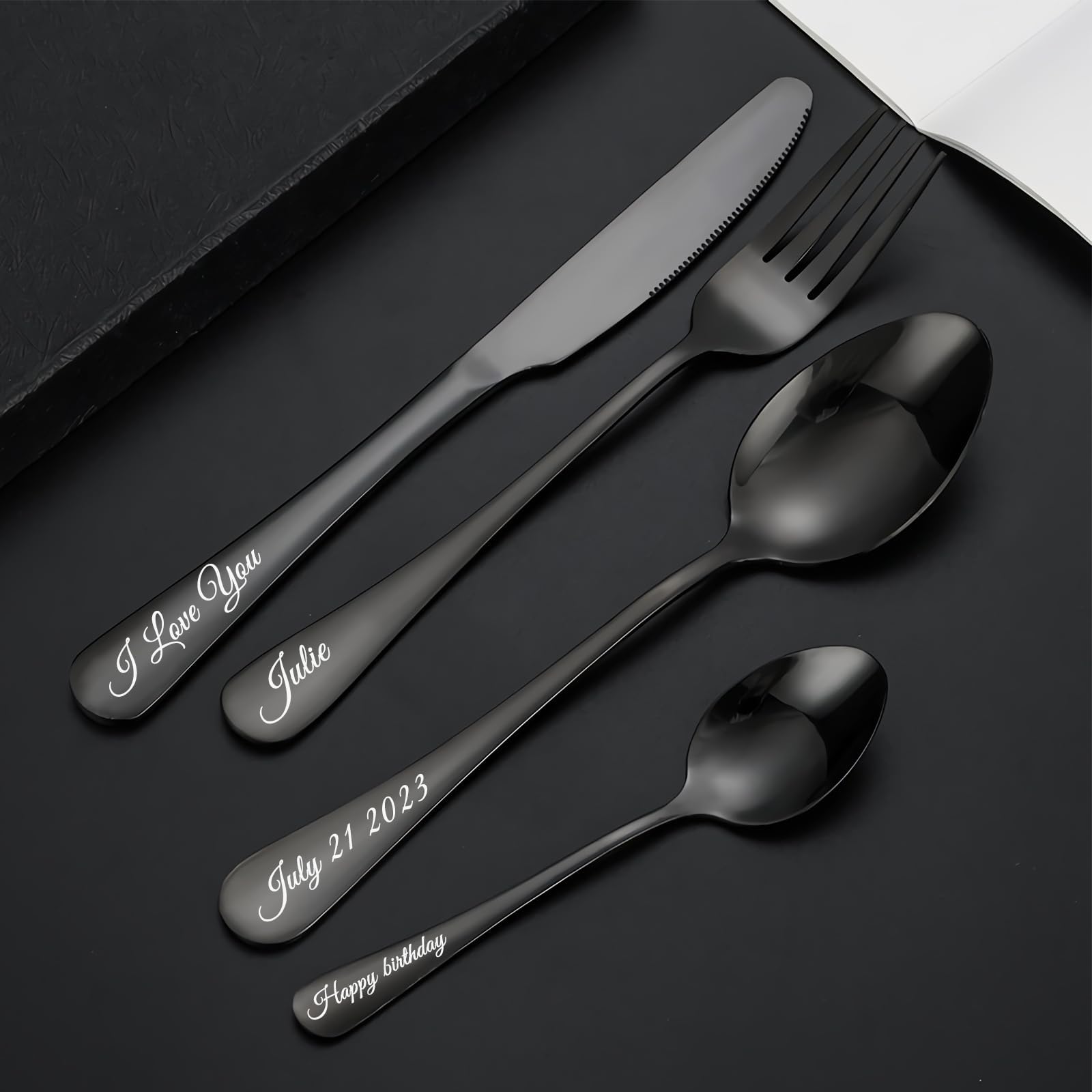 Custom Engraved Cutlery,Customized Tableware Set With Gift box, Personalized Lettering Name Fork/Knife/Spoon Stainless Steel Cutlery, Customized Gifts For Mama Nana Papa. (Black)