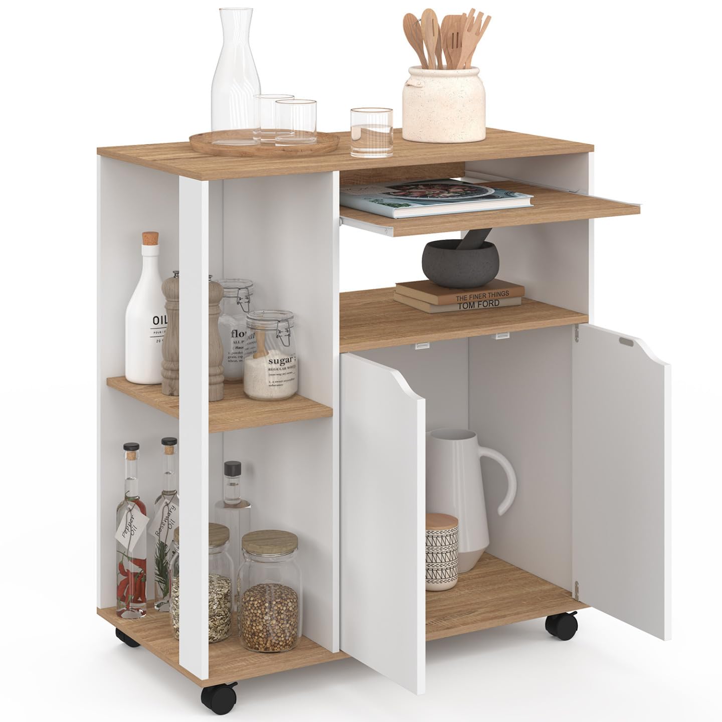 IDMarket - Desserte de cuisine COSI bois blanc et plateaux façon hêtre L.76 CM