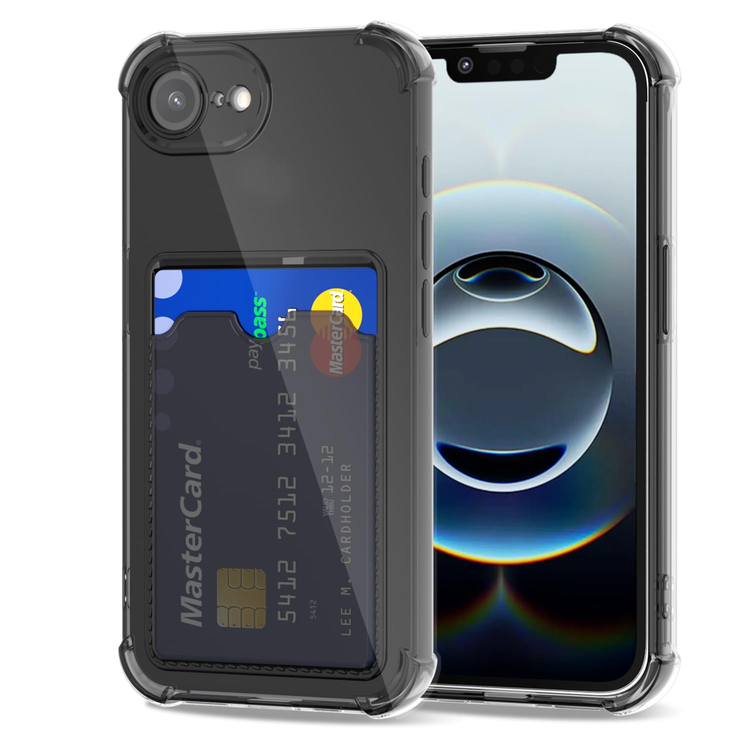 Svanove for iPhone 16e Wallet Case with Card Holder, Cute Girly Clear Credit Card Slot Case, Thin Slim Silicone Rubber Transparent Hard Shell Camera Cover for Women Men, Black Clear Black 16e