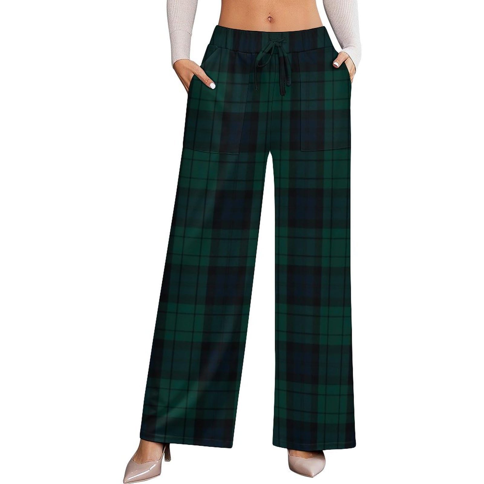 Dyale Black Watch Tartan Womens Wide Leg Pants High Waisted Elastic Casual Sports Pants M