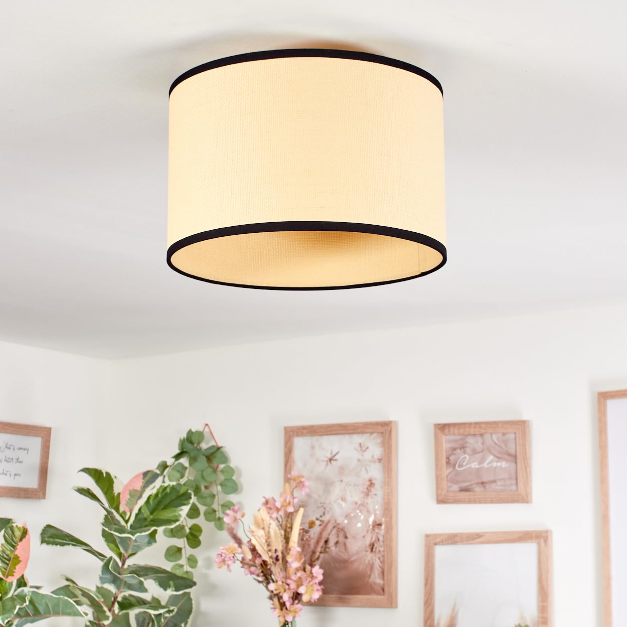 HOFSTEIN Lámpara de techo Chellas, lámpara de techo de metal/papel trenzado/tela en color negro/natural, lámpara de diseño bohemio moderno (diámetro 35 cm), E27, comedor, salón, dormitorio, cocina