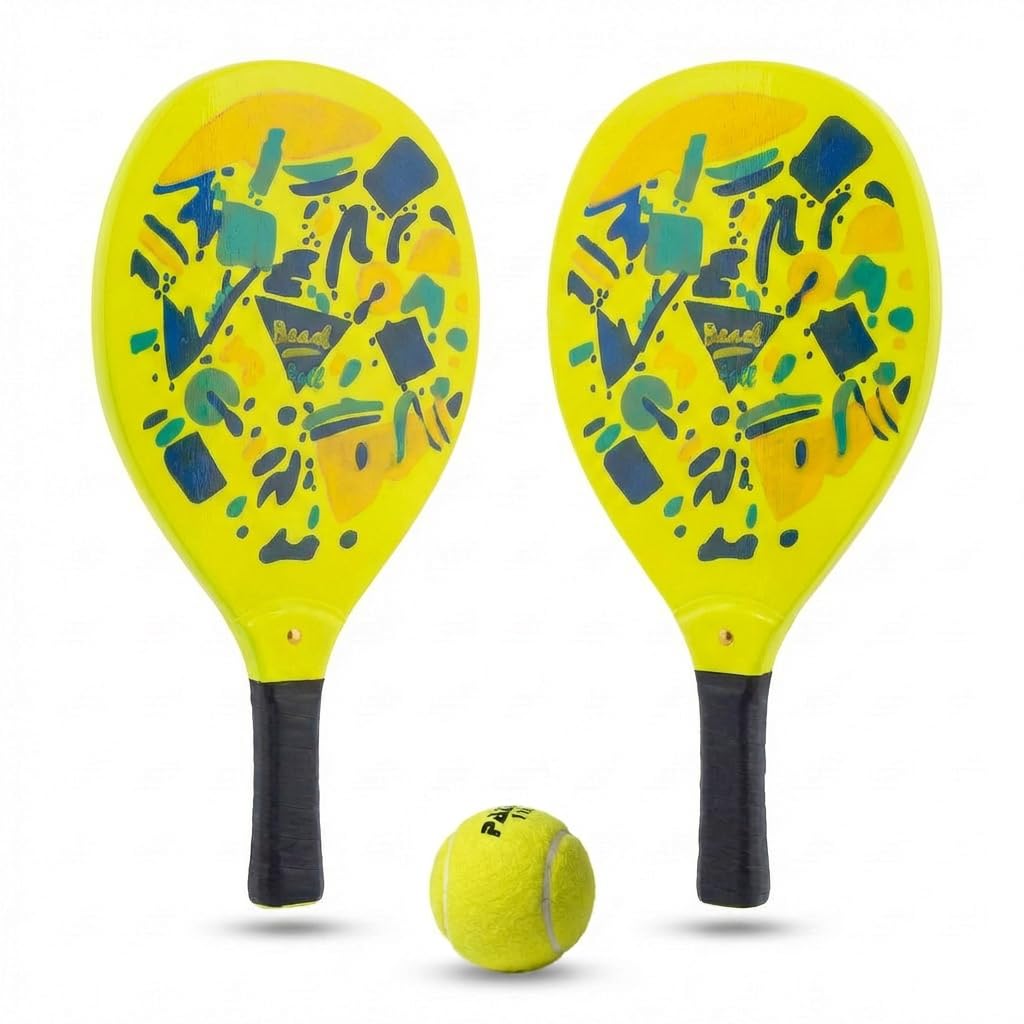 Coppia Racchette da Spiaggia Padel Beach Tennis con Pallina Morbida Set Racchettoni in Legno Mare, Spiaggia Piscina Mare Giardino, Beach Rackets Set N 2 Racchette, N 1 Pallina