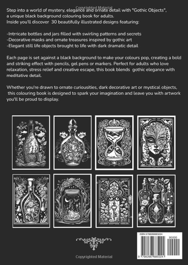 Miniatura 2 de Gothic Objects Dark Academia Colouring Book for Adults, Black Background pages with Intricate mystical Illustrations, Perfect For Gel Pens and