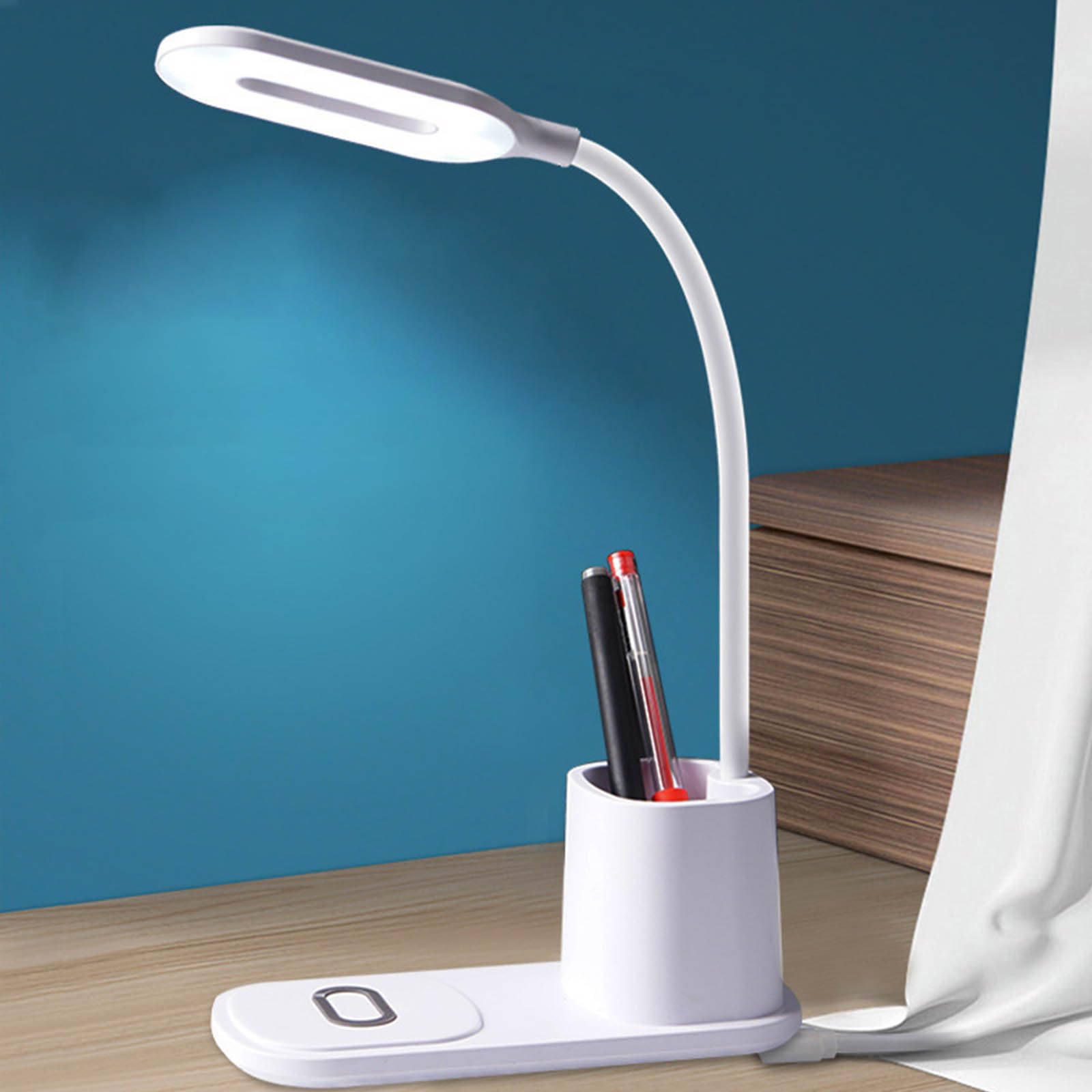SOYDAN Wireless Charger Desk Lamp with Pen Holder - Multi-Functional Nightstand Lamp with Adjustable Brightness and Flexible Gooseneck for Bedroom and Office/1039 (Color : White)