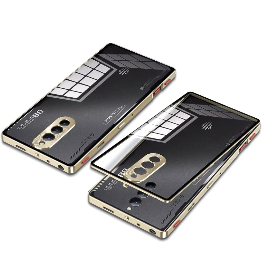 Case Compatible With Red Magic 8 Pro/Pro Plus, Magnetic Metal Frame+Clear Tempered Glass Back Cover With Shockproof Camera Protection (Gold)