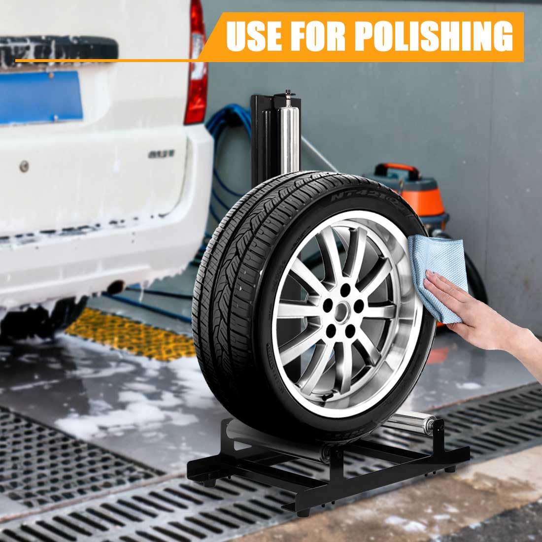 Soporte para neumáticos de moto, soporte de limpieza para neumáticos de coche, soporte para garaje, accesorios para limpieza y pulido de neumáticos, capacidad de carga 50 kg, 58x36.5x89 cm