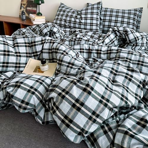 Image of EAVD Vintage Light Blue Grey Buffalo Plaid Duvet Cover Queen Soft Washed Cotton Gingham Bedding Set with Grid Checkered Pattern Farmhouse Geometric Duvet Cover with 2 Pillowcases for Boys Men Women