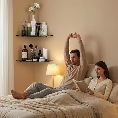 Miniatura 3 de Estante esquinero de vidrio para baño, estantes de ducha, paquete de 2 unidades, color negro, flotante, templado, esquinero para baño, organizador