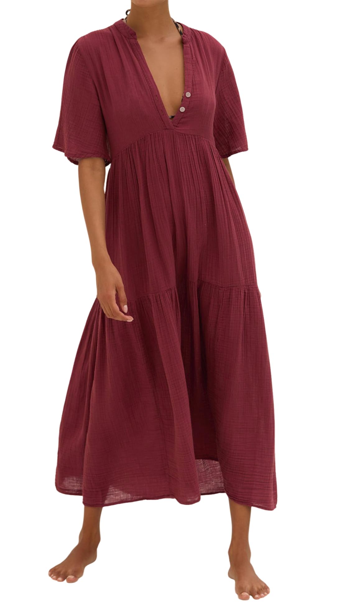R.Vivimos Femmes été V Col Chemise Manches Courtes Robe Robe De Plage Longue Robe Maxi Décontractée