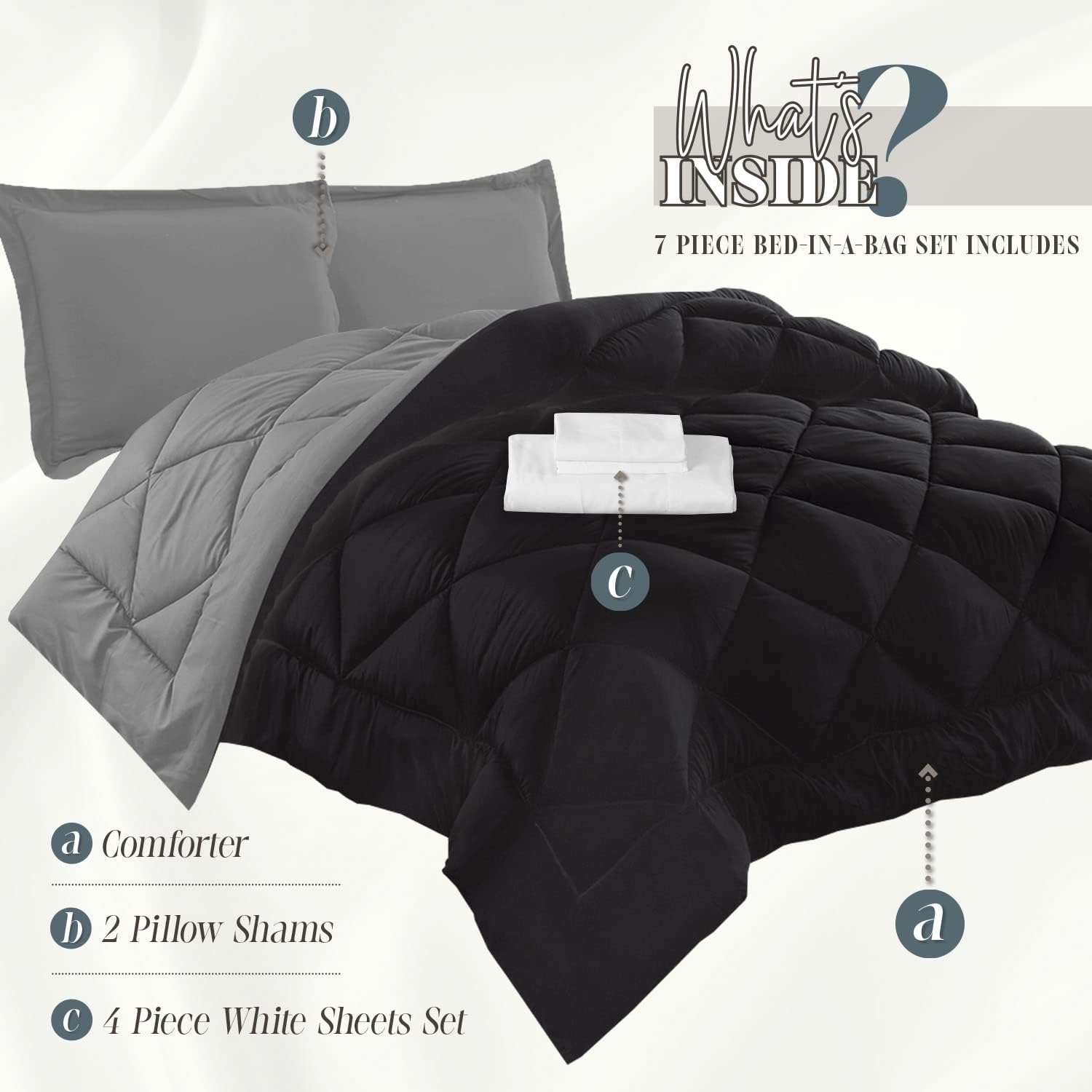 Elegant Comfort 7-Piece Bed-in-a-Bag Comforter & Sheet Set- Luxury 1500 Thread Count 7-Piece Split King Size Bed-in-a-Bag, Cozy Bed Sheets and Comforter Set, Wrinkle and Stain Resistant, Black/Gray