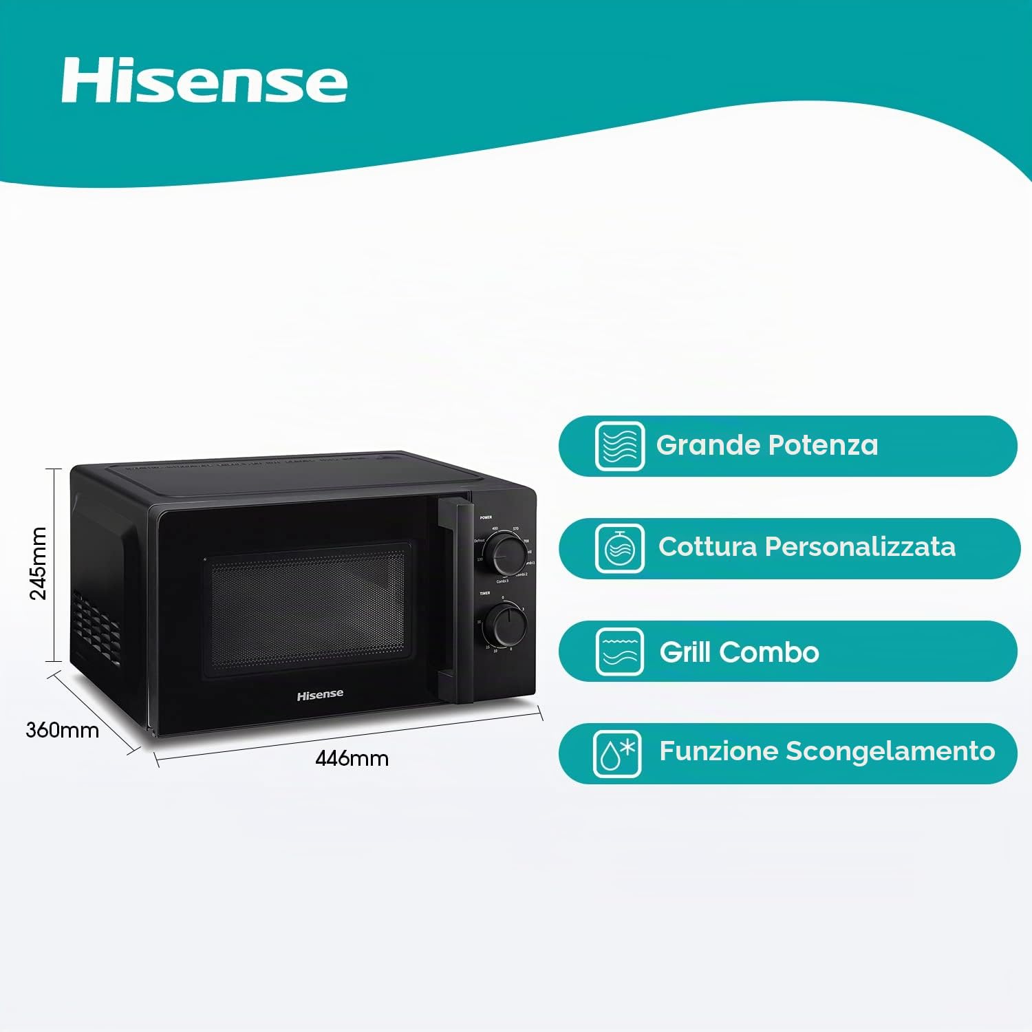Hisense H20MOBS1HG Forno Microonde con Controllo Meccanico, Capacità 20 L, Potenza 700 Watt su 6 Livelli, Colore Nero