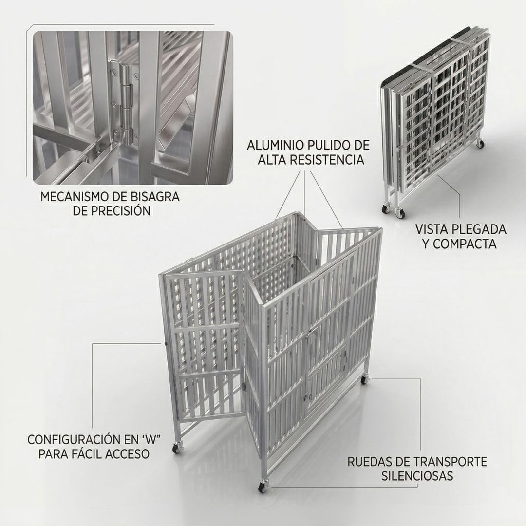 Jaula Grande Plegable para Perros de Acero Inoxidable 108 x 70 x 90 cm con Ruedas, Doble Puerta, 2 Bandejas Extraíbles y Cierre de Seguridad