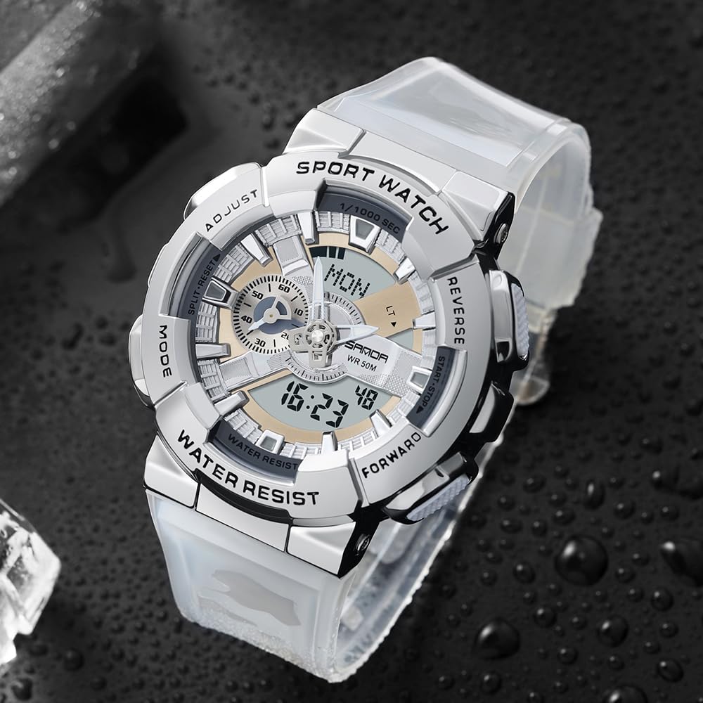 MASTOP Montre pour homme couleur arc-en-ciel analogique numérique étanche 5 ATM, contraste élevé, noir brillant, montre militaire d'extérieur rétroéclairée