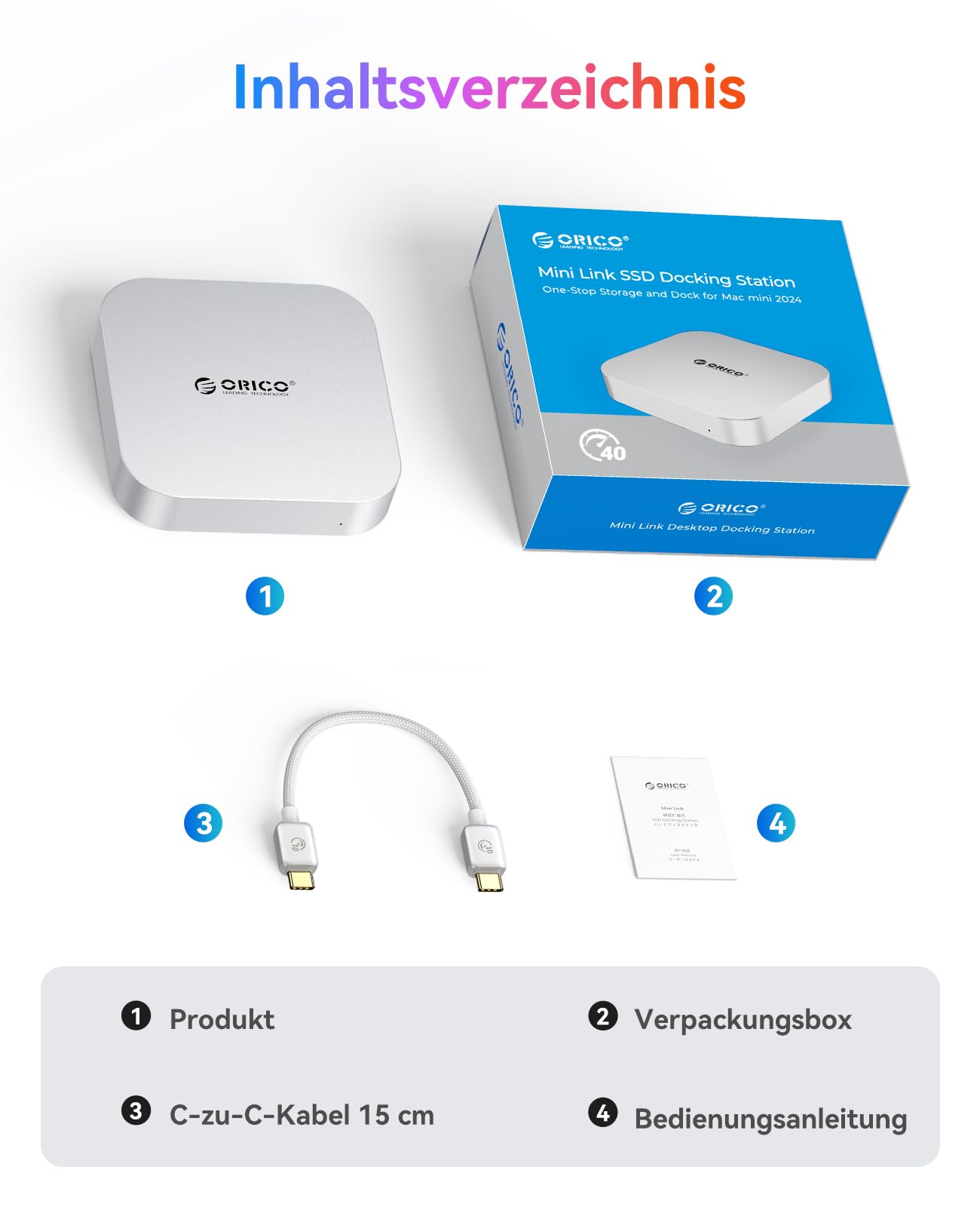 ORICO MiniMate Pro+ 40Gbps USB4-Dock für Mac mini M4/M4 Pro 2025. Aluminium, 2TB NVMe SSD (Nicht abnehmbar), 3,5mm Audio, 2×USB-A. Perfekter Stand & Hub in einem.