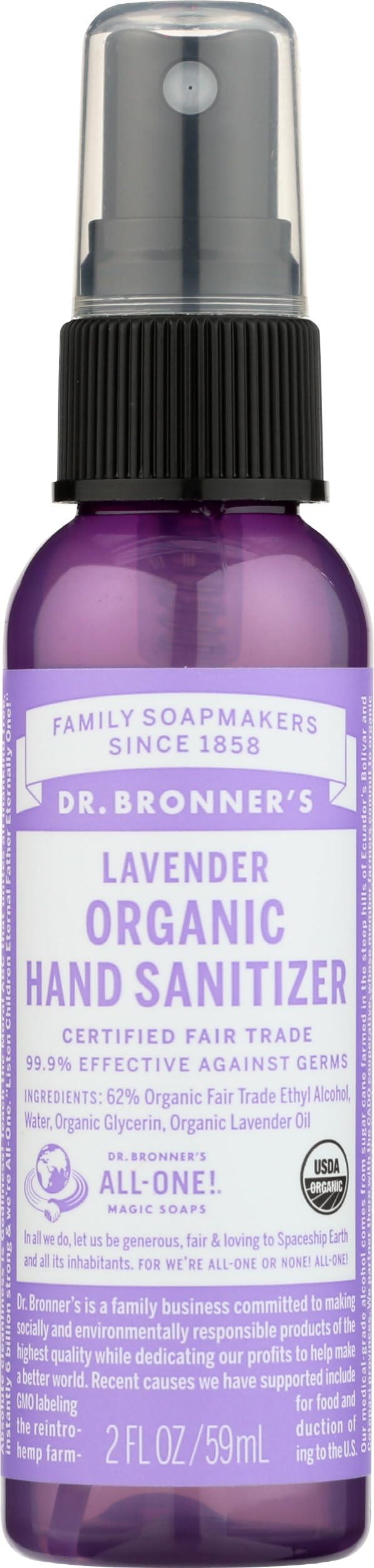 Dr. Bronner's Spray Detergente Mani Bio senz'acqua, Lavanda, 60 ml
