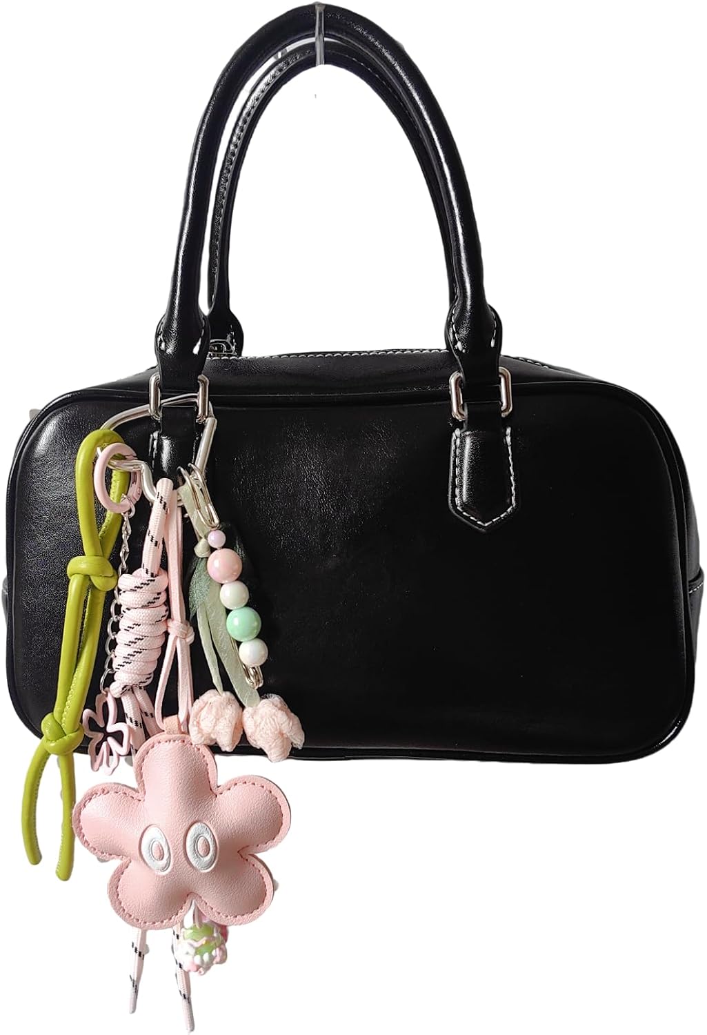 Pink Star and Flower Bag Charm Keychain Set, Phone Strap with Leather Star, Bead Heart, Tennis Racket - Image 6