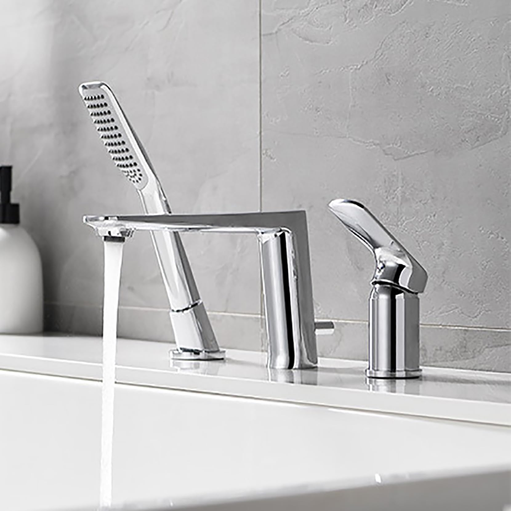 ASerZenith Roman Bath Faucet With Elongated Spout Three-Hole Tub Faucets Solid Brass Bathtub Three-Piece Set Pull-Out Hot And Cold Faucet Deck-Mounted