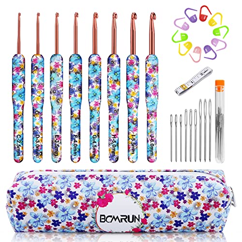 BCMRUN Crochet Hooks Crochet Gifts,8Pcs Flower Pattern 2.5mm(C)-6mm(J) Plastic Grip Metal Crochet Needles for Crocheting Knitting & Crochet Supplies Weave Yarn Kits Craft Art for Crochet Lovers (Blue)