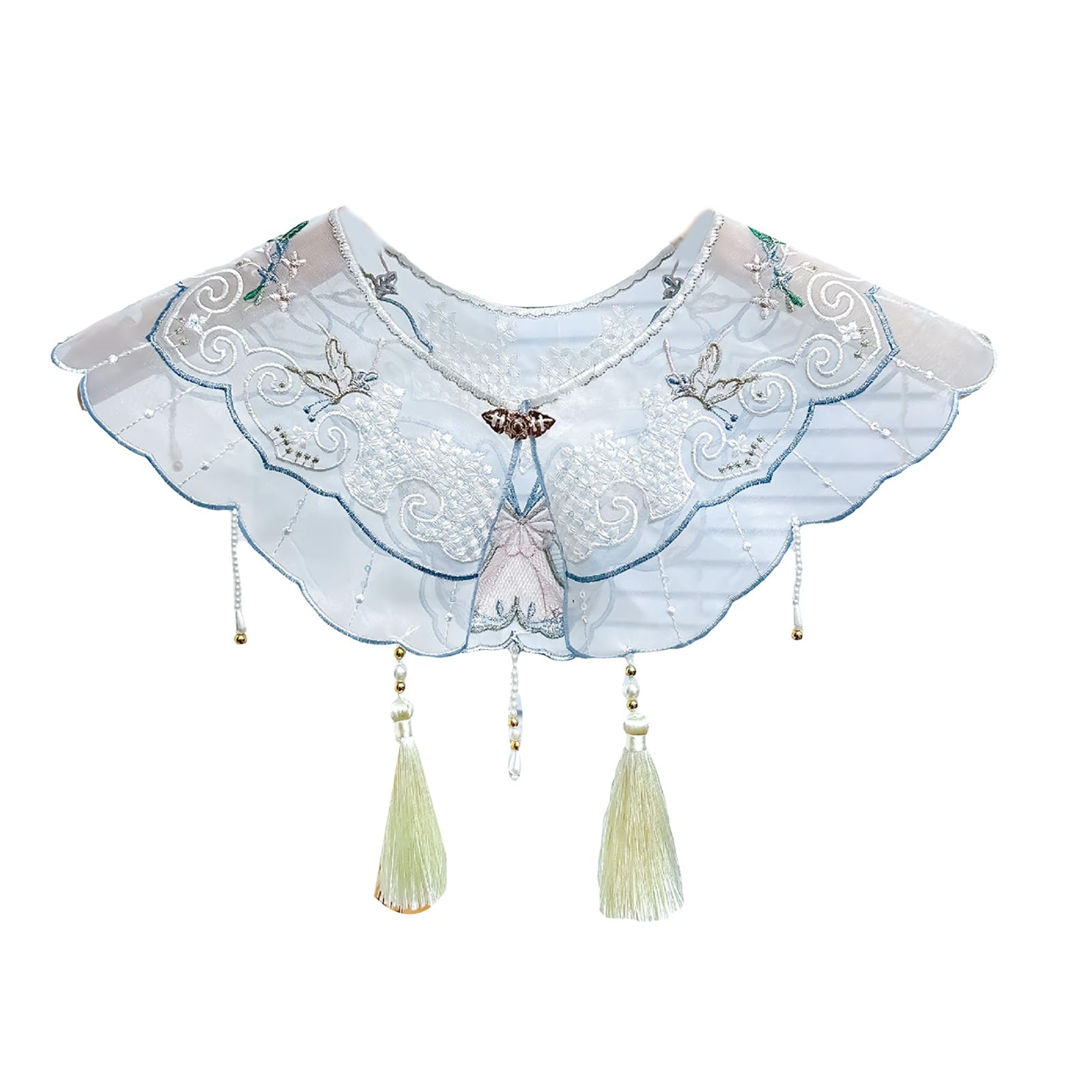 Women Girls Chinese Embroidered Butterfly False Collar Pearl Tassels Yunjian Shawl Scarf Boleros For Vintage Dress