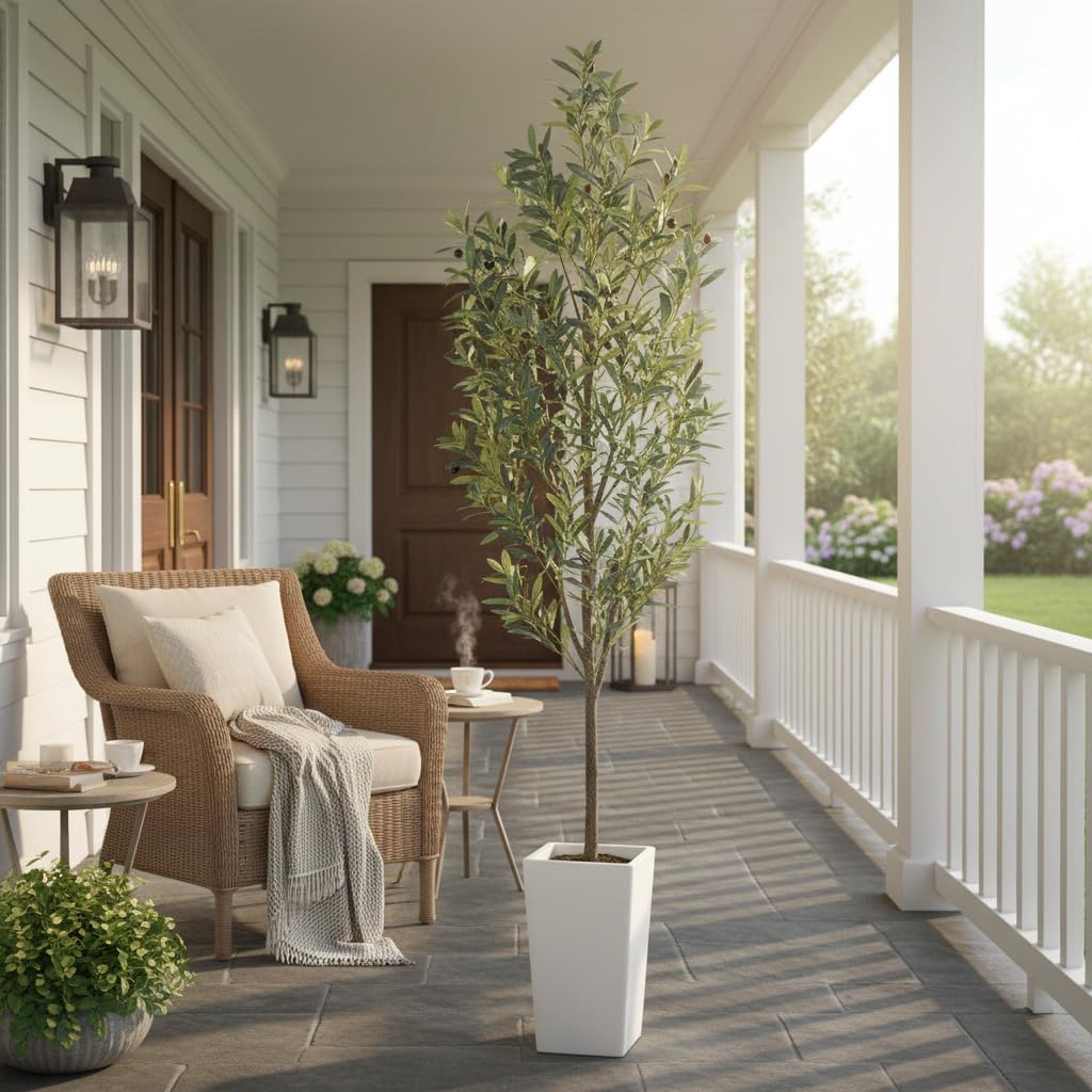 Aveyas 7ft Artificial Olive Tree for Home Decor, 7 Feet Large Faux Plant Fake Skinny Silk Trees with Pot for Indoor Outdoor House Living Room Office (7 ft Tall Including Raised Pot)