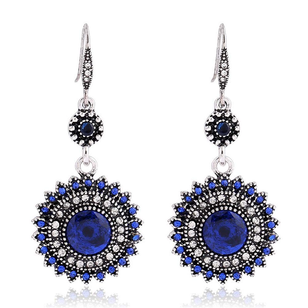 AILUORAILUOR Vintage Round Blue Sapphire Sunflowers Dangle Earrings, Women's Unique Retro Colorful Ethnic Bohemian Earrings Jewelry for Women