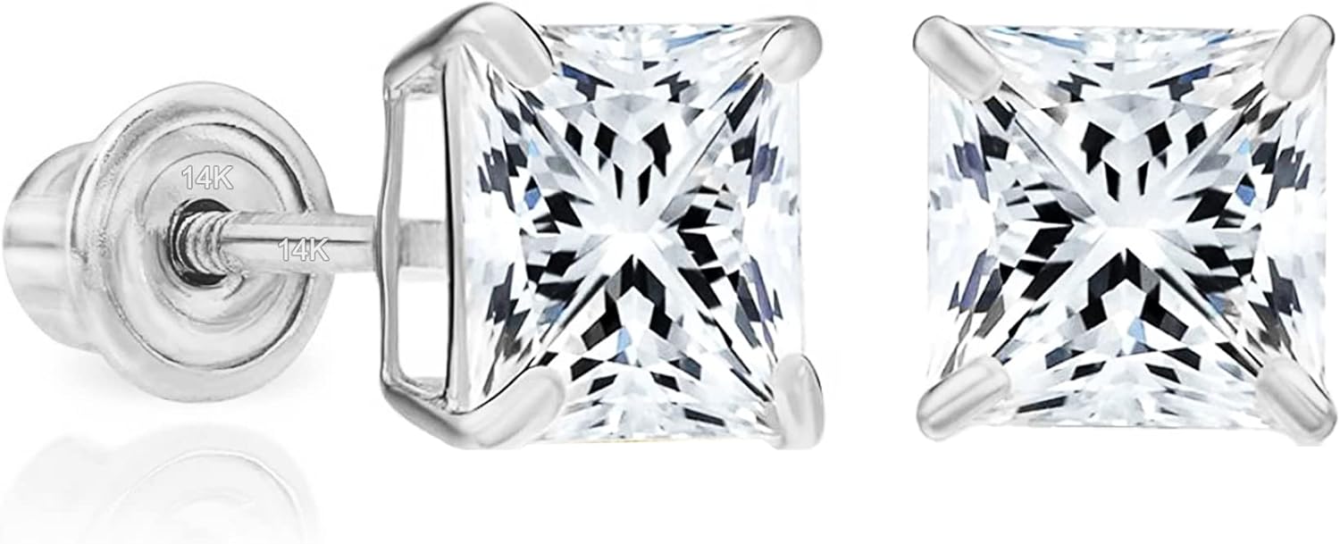 Solid 14k White Gold Solitaire Square Princess-cut CZ Stud Earrings with Screw-back