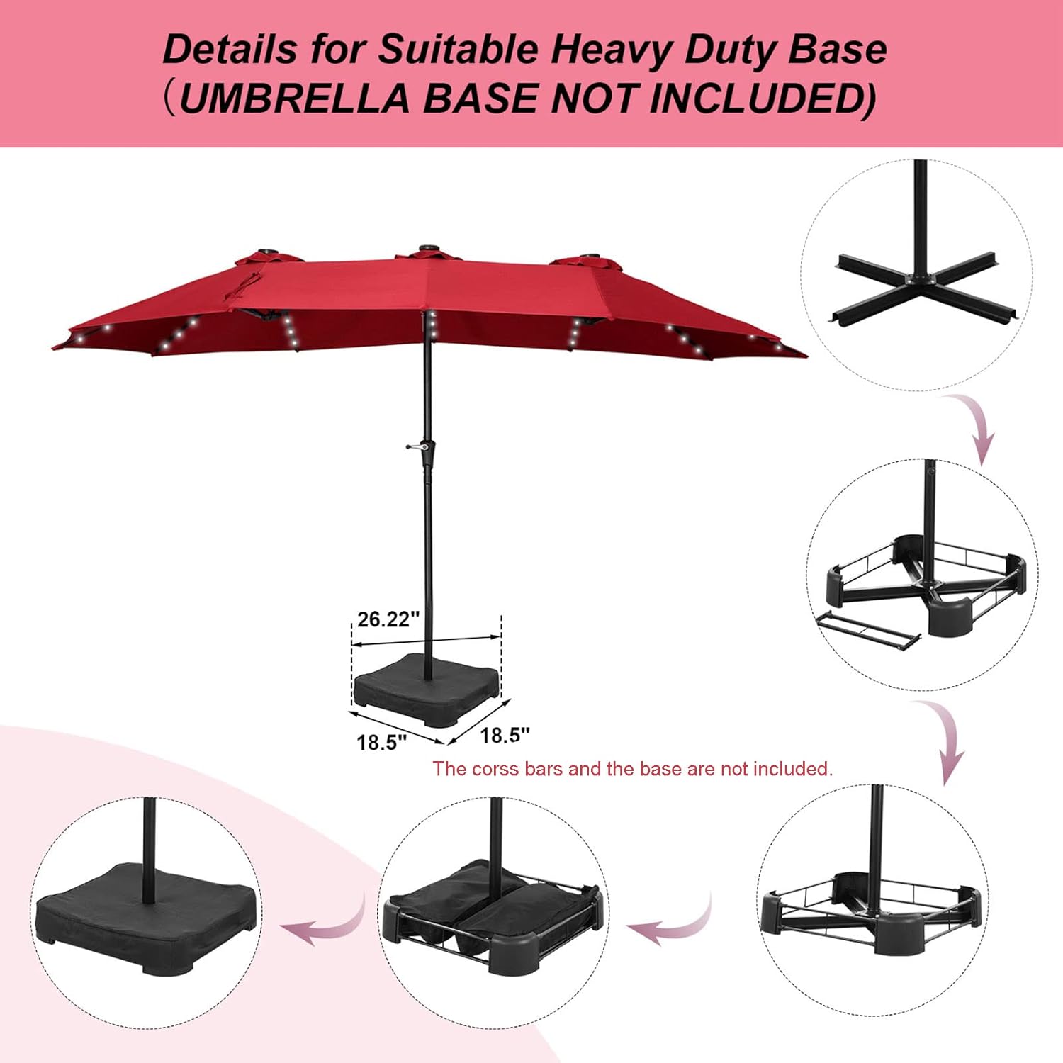 Vista 5 de Wonlink Sombrillas de patio grandes de 9 pies10 pies15 pies con 48 luces LED solares, sombrilla de mercado extra grande de doble cara con manivela