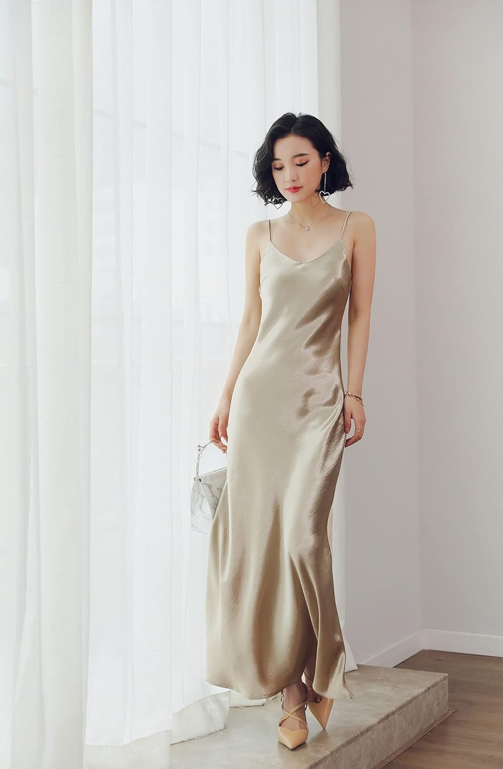2022 Summer Dress Women Long Satin Slip Dress Spaghetti Strap Party Dress Vintage Gold White Silk Sexy Maxi Dresses Vestidos (Gold,M)