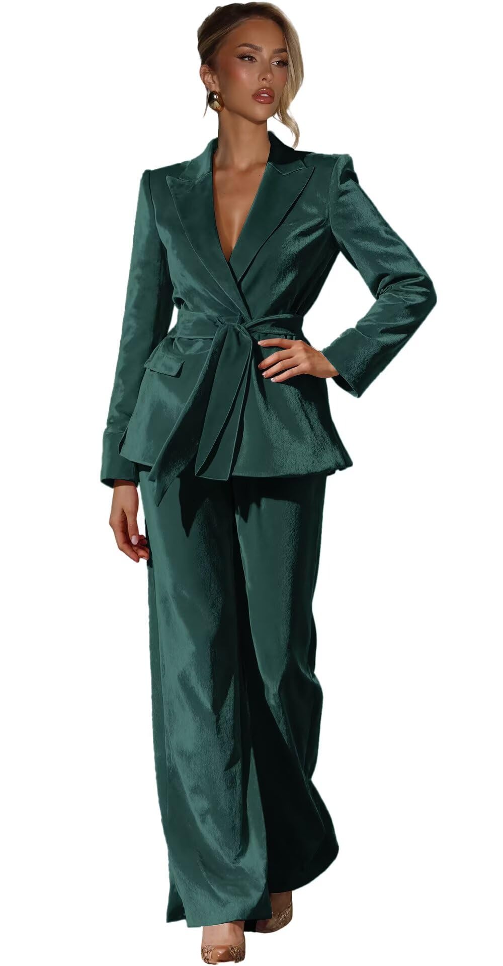 Velvet Suits for Women 2 Piece Business Casual Womens Suit with Belt Winter V Neck Jacket Wide Leg