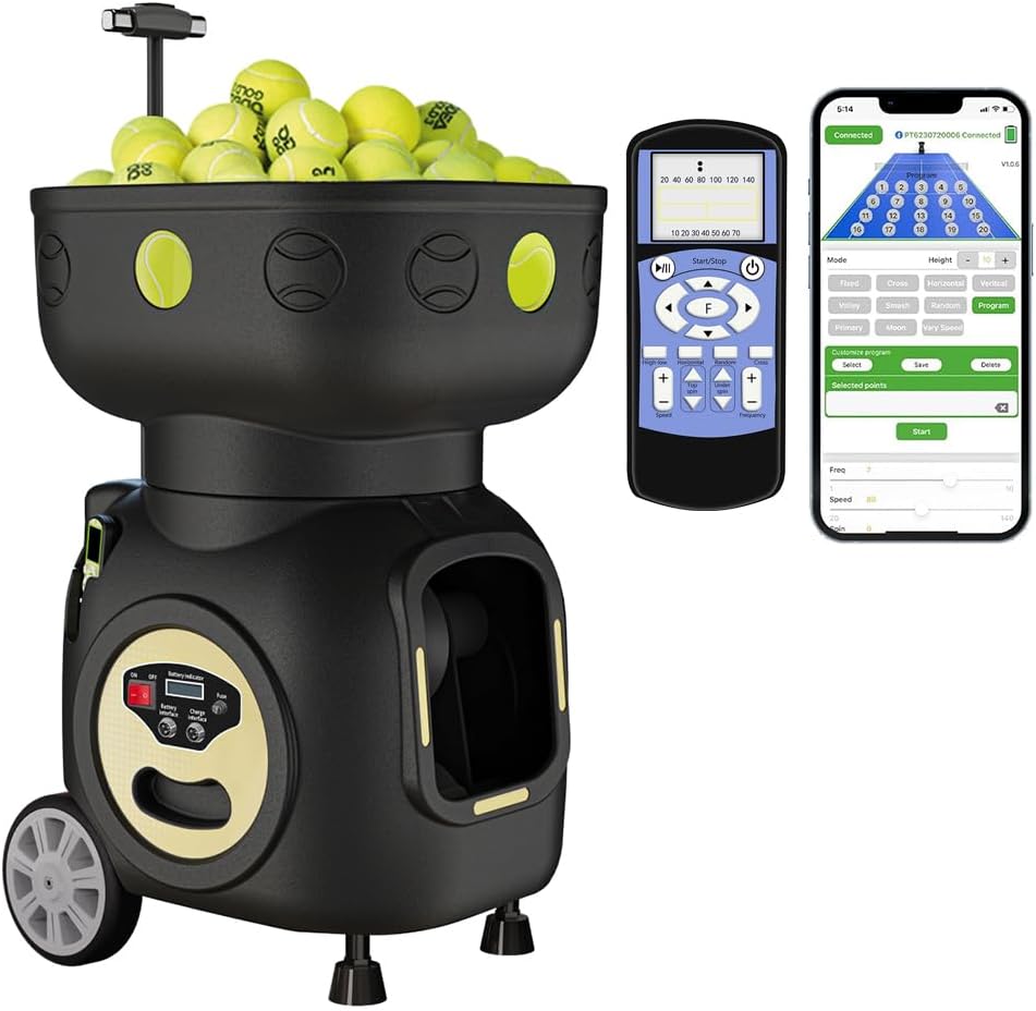 Tennis Ball Machine Advanced Smart Programming- High Capacity with App/Remote, Adjustable Serve Speed & Outdoor Training for All Skill Levels (Beginners to Intermediate Players) (T7)