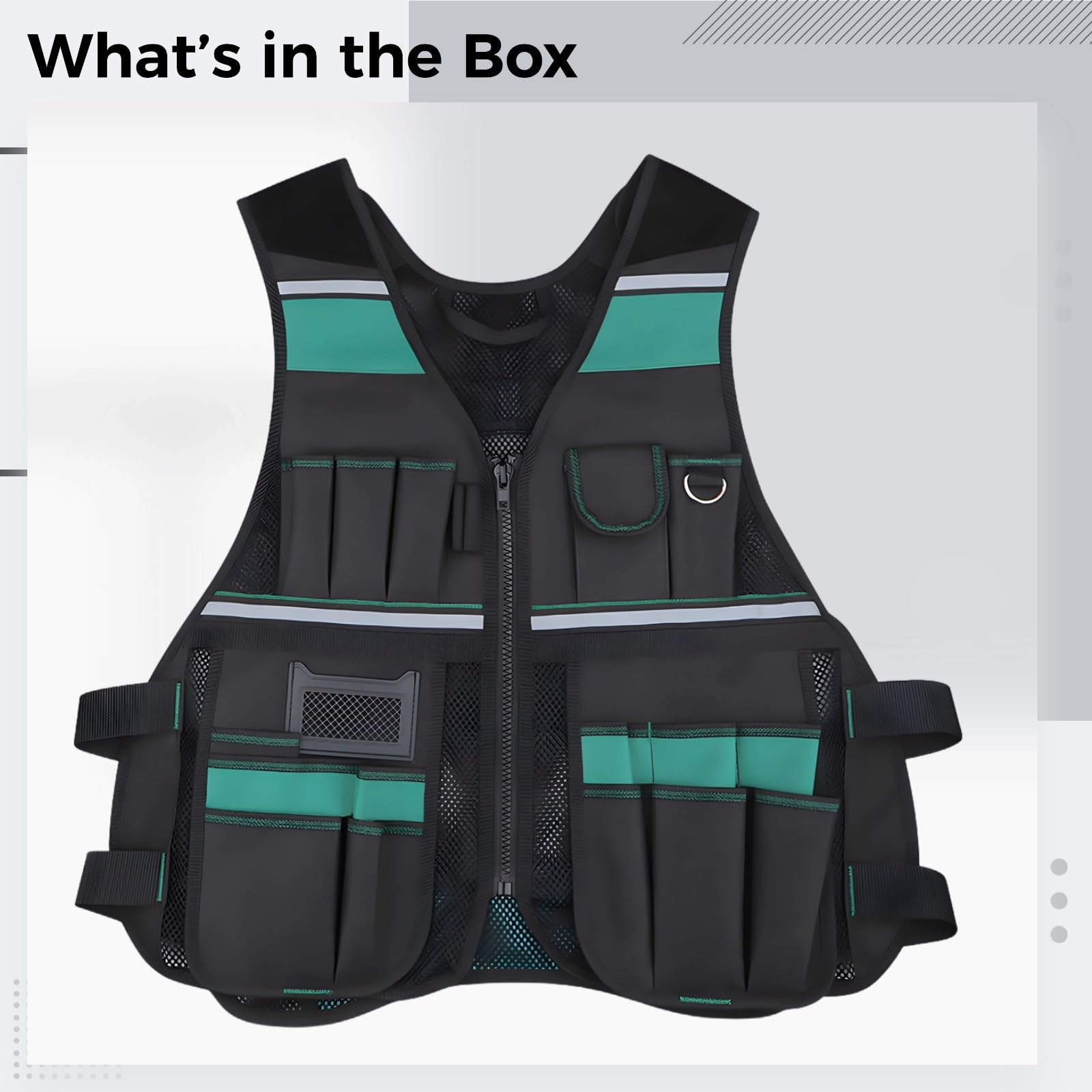 Chaleco de herramientas para hombre, chaleco de trabajo para electricista, diseño de seguridad reflectante, ropa de trabajo de poliéster ligero ajustable, con múltiples bolsillos, 64 x 65 cm