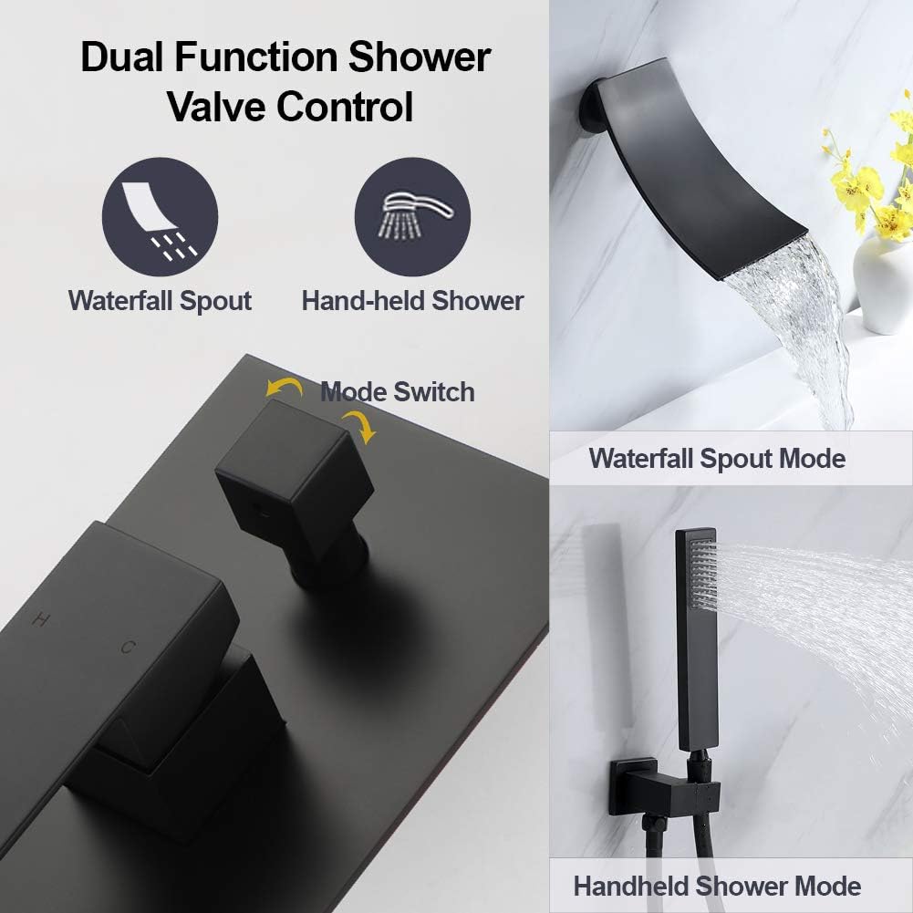 Suреr Chеар 🛒 Waterfall Bathtub Faucet Matte Black, Waterfall Wall Mount Tub Filler Faucet with Handheld Shower Solid Brass, Waterfall Spout High Flow Wall Mount Tub Faucet for Bathroom- DEOLER