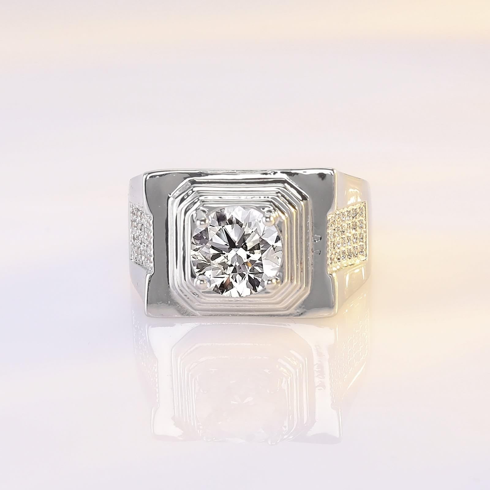 Anillos de compromiso para hombre, oro blanco de 9 quilates, 14 quilates, 18 quilates, anillo ancho de boda de 4 puntas, moissanita redonda de 2 quilates, 8 mm