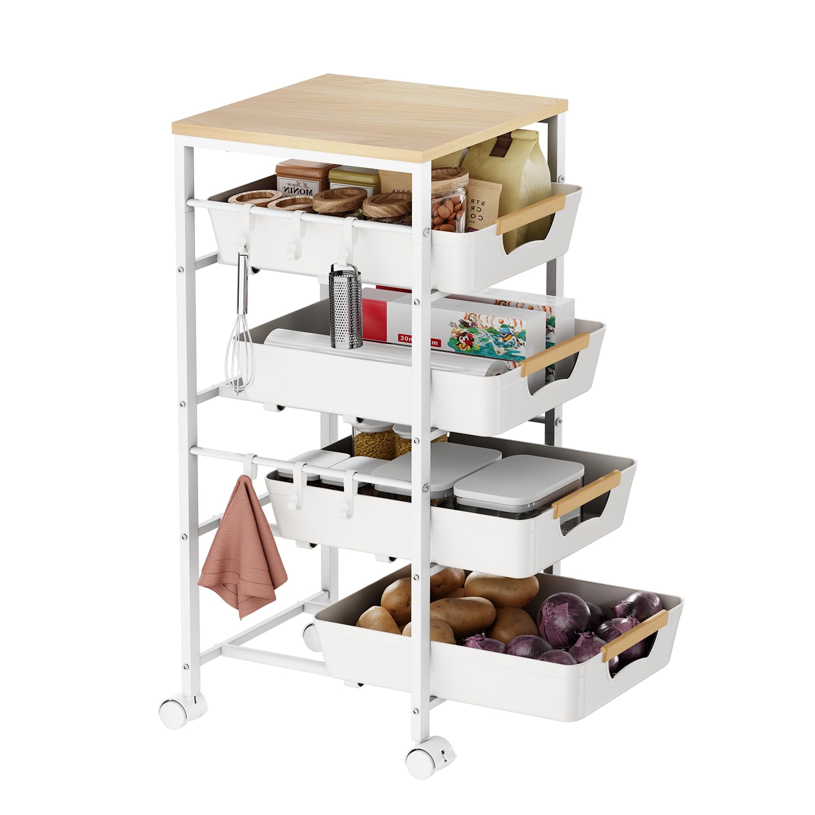 Küchenwagen mit 5 Ebenen & herausnehmbarer Schublade, Aufbewahrungswagen aus Metall mit Holzplatte, belüfteten Körben und Rollen, Snack-Organizer für Obst und Gemüse(32,5x36,5x82 cm, Weiß​​)