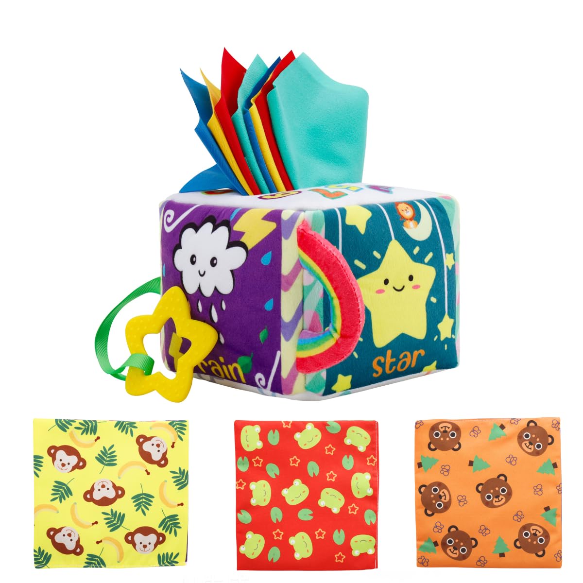 SIXHANS Baby Tissue Box Toy for 6-12 Months | Montessori Sensory Pulling Toys with 8 Rip-Proof Textile Tissues, 3 Crinkle Papers & Safe MirrorSoft Infant Early Learning Toys, for Boys Girls