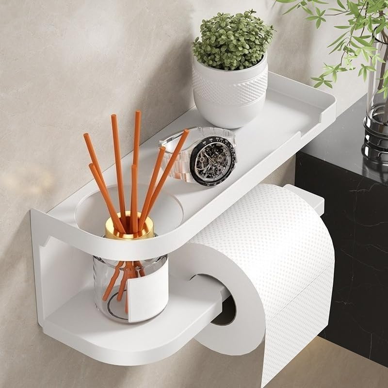 Hole-Free Toilet Paper Holder with Shelf - Can Hold Aromatic Items, for Bathroom Use (Black)