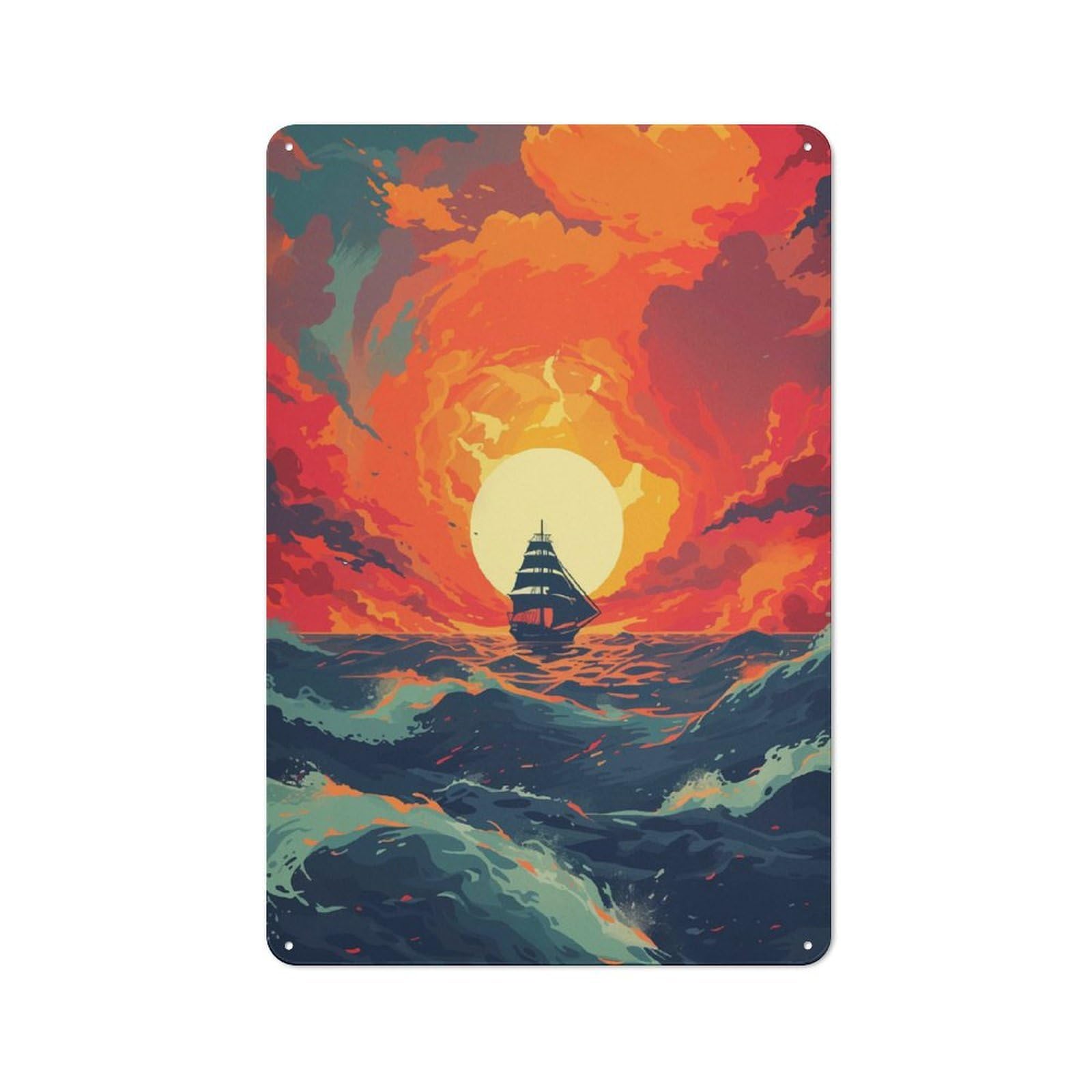 Junmoney Sailboat Sunset Landscape Tin Sign 30X20cm For Workshop Wall, Retro Wall Decor, Suited To Metal Sign Collectors