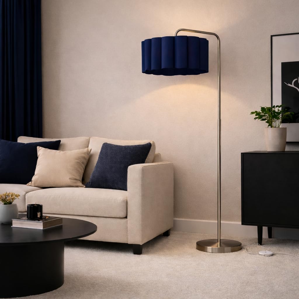 CGC Lighting Indoor Floor Lamp Brushed Satin Nickel Angled Corner Standing Reading Light and Lampshade Living Room Lounge (Navy Lampshade)