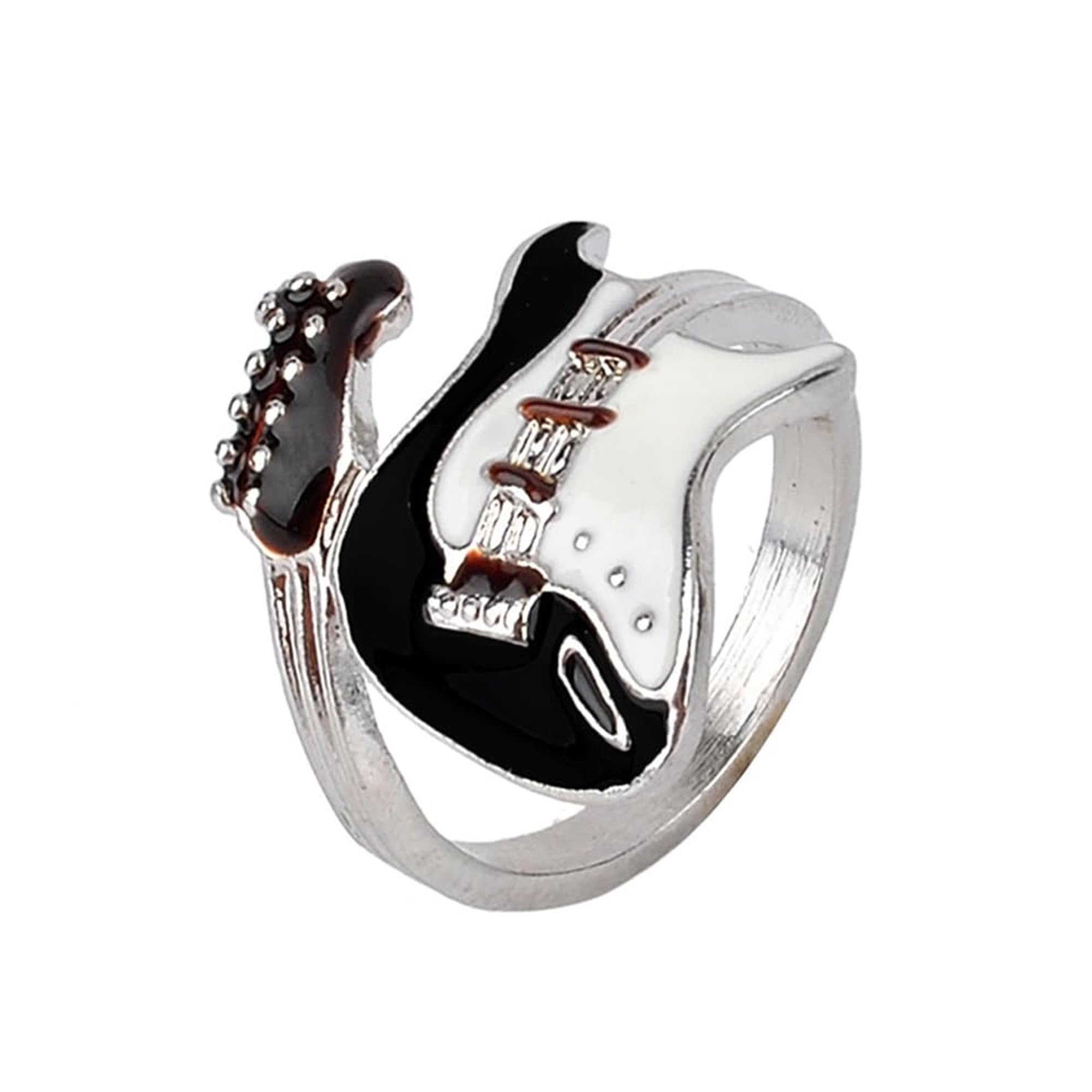 QKEOISUDMusic Guitar Ring,Punk Hip-hop Rock Alloy Ring,European and American Fashion Black and White Lacquer Drip Oil Ring,Retro Couple Ring（Size Q）