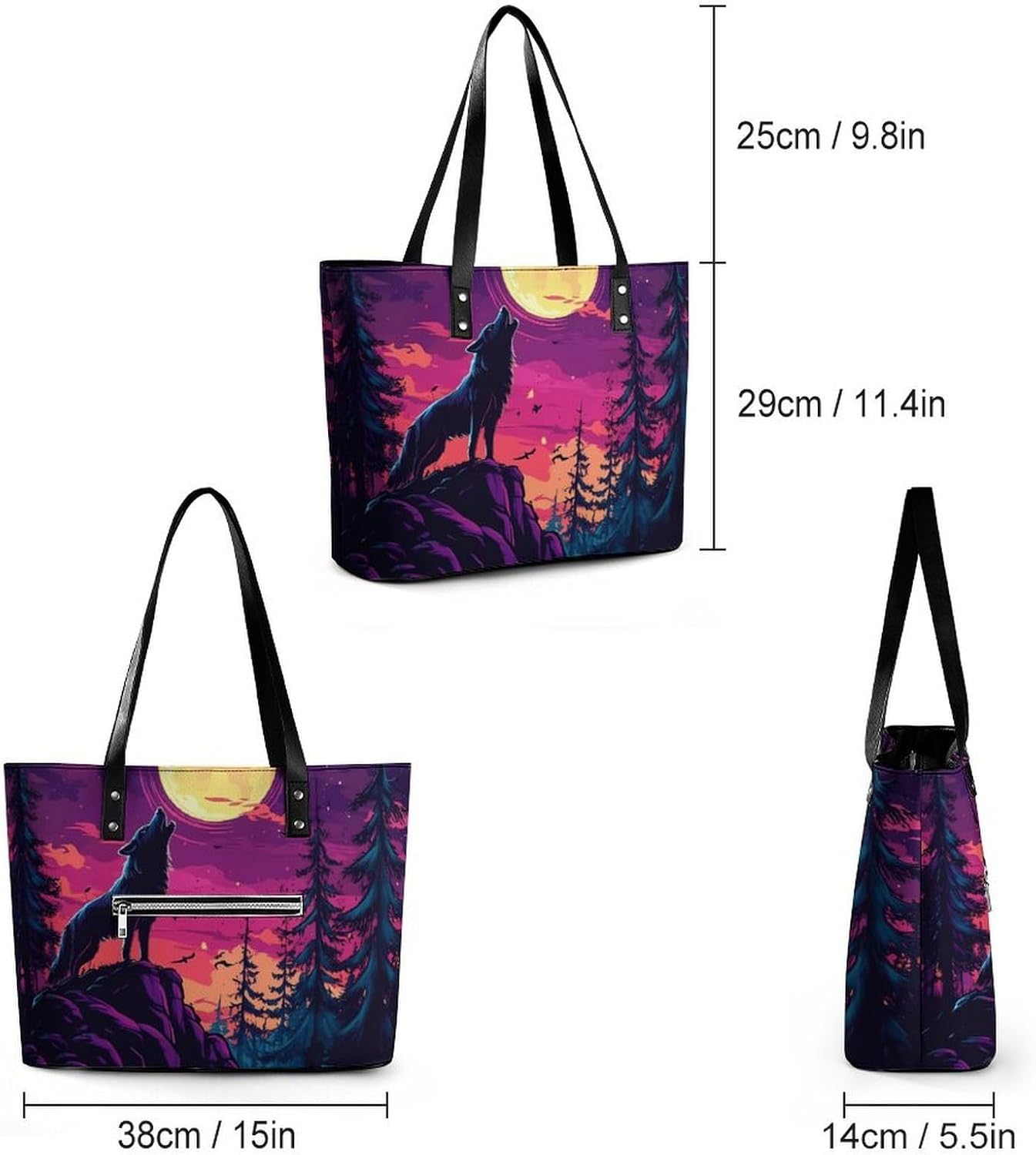 Wolf Howling At The Moon Women's Tote Leather Handbag Shoulder Bag Purse for Shopping Travel