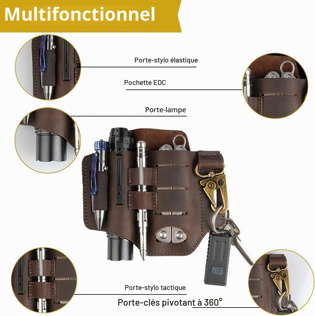 VIPERADE PJ16 Cuir EDC Sac Fourreau en Cuir Organisateur en Tactique Multi Porte-Outils Sac en avec Porte-clés pour Outils de Lampe de Poche Camping en Plein air (Brun)